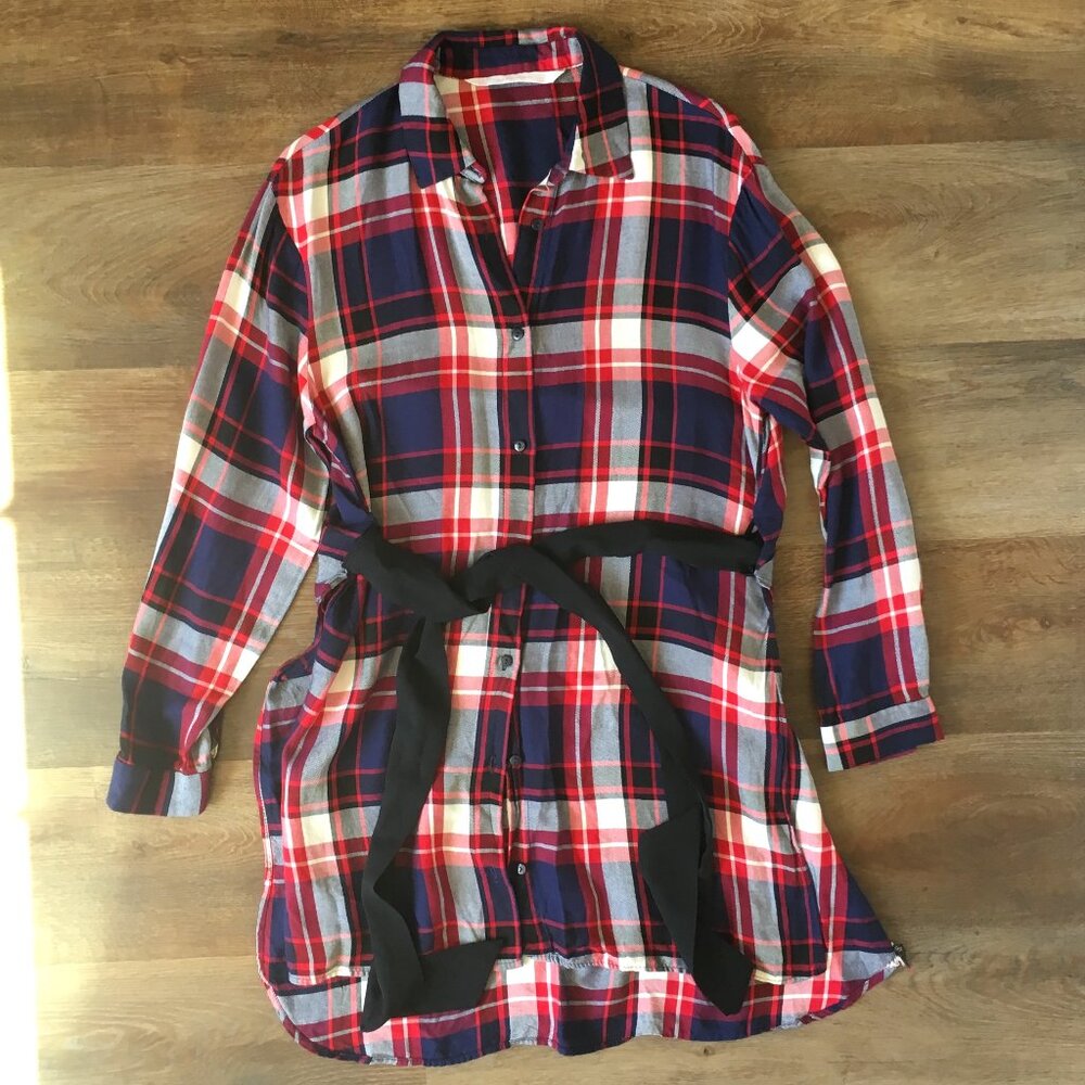 ZARA Plaid Tunic Button Down Shirt Dress Small Trafaluc Tartan Printed Belted - Picture 9 of 12